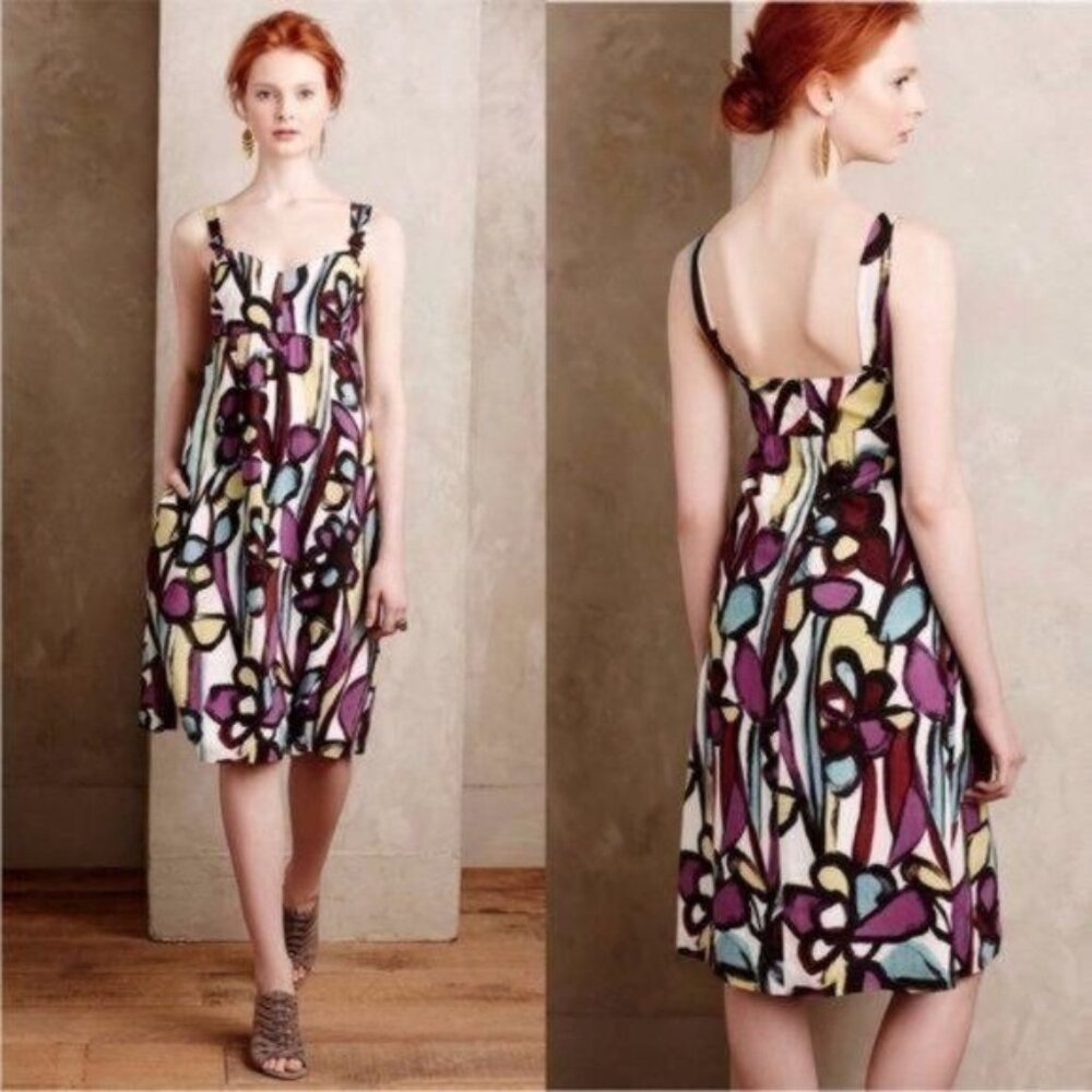 Anthropologie Tabitha Women's Size 8 Black Purple Floral Woven Midi Dress